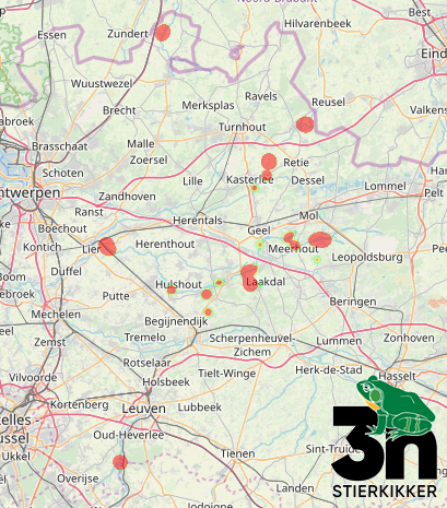Kaart waarop de verschillende stierkikkerpopulaties in Provincie Antwerpen en Vlaams-Brabant zijn aangeduid